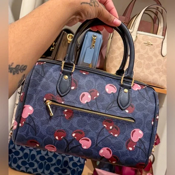 Coach Rowan Satchel Bag Crossbody Signature Canvas Cherry Print Denim - Picture 2 of 5